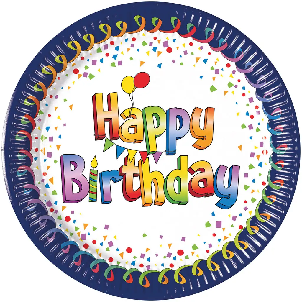 Színes szülinapi "Happy Birthday" feliratos papírtányér 8db-os szett 20cm