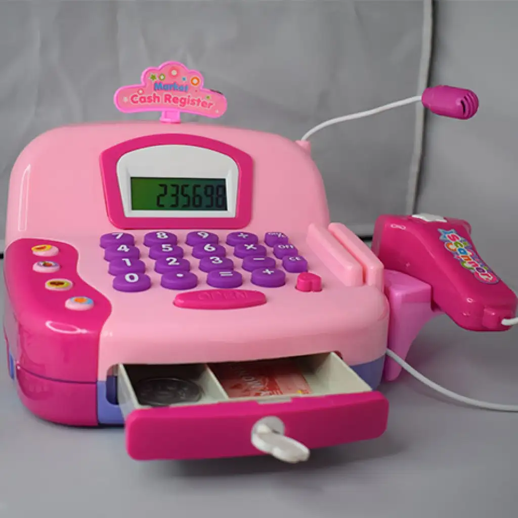 Rózsaszín funkciós elektromos pénztárgép játékpénzzel és hanggal kép 4