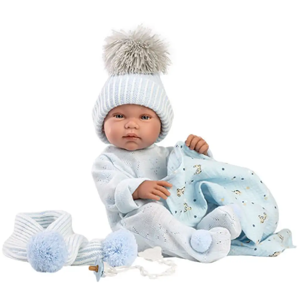 Llorens: Tino 43cm-es újszülött fiú baba kék babapléddel, cumival és 3db különböző ruhával kép 2