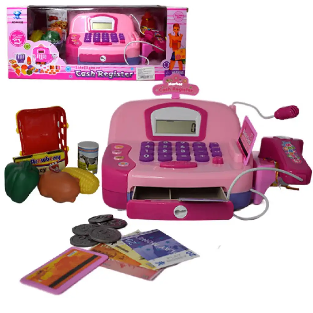 Rózsaszín funkciós elektromos pénztárgép mikrofonnal, játékpénzzel és hanggal