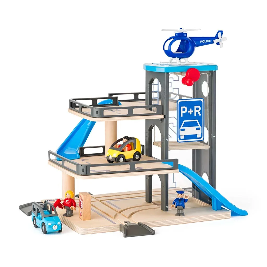 Két emeletes fa garázs játékszett járművekkel - Woodyland