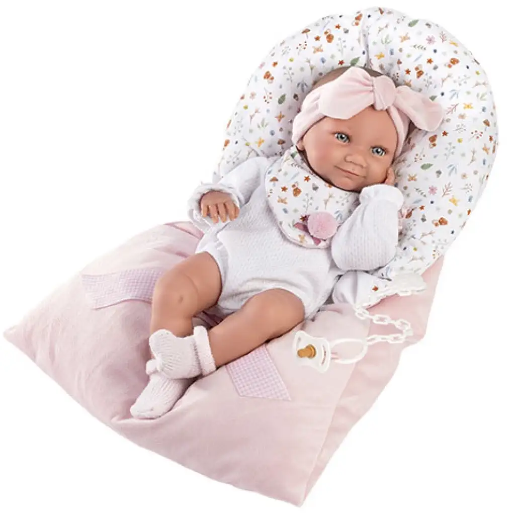 Llorens: 38cm-es újszülött lány baba rózsaszín hálózsákkal kép 2