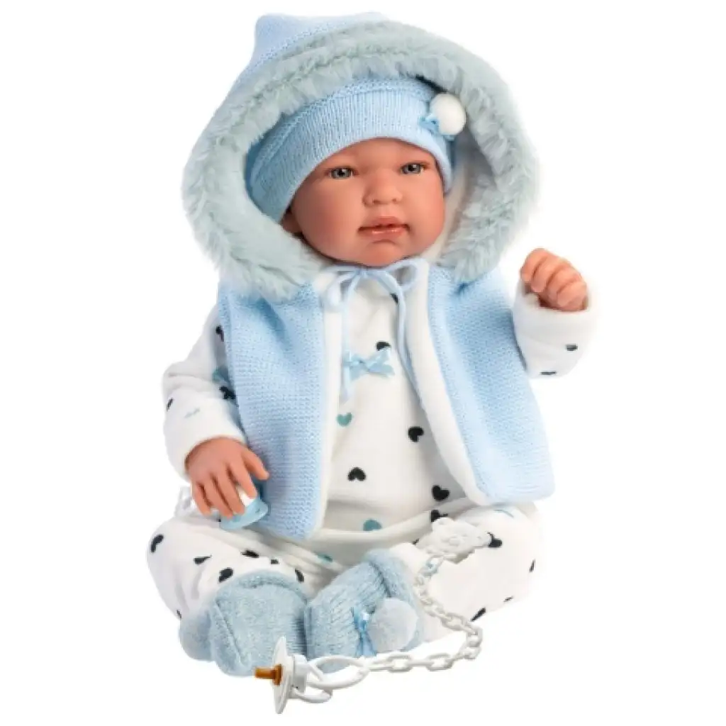 Llorens: Tino 44cm-es síró baba kapucnis kék mellényben kép 5