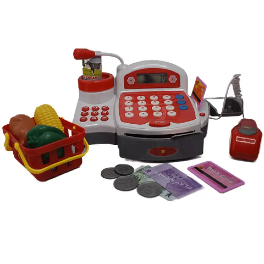 Piros funkciós elektromos pénztárgép játékpénzzel, termékekkel és hanggal kép 3