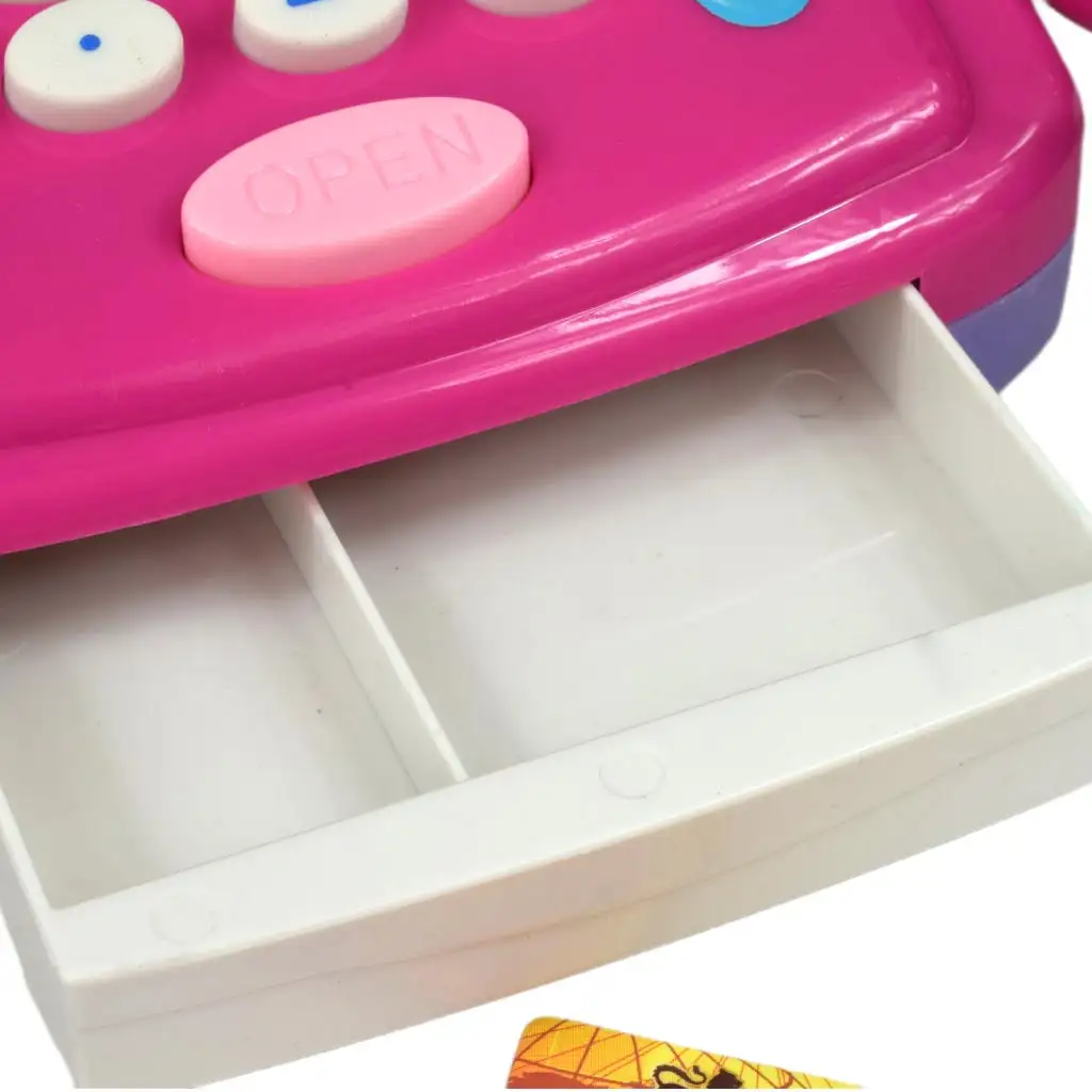 Rózsaszín pénztárgép fénnyel és hanggal, kiegészítőkkel és játékpénzzel 24cm kép 6