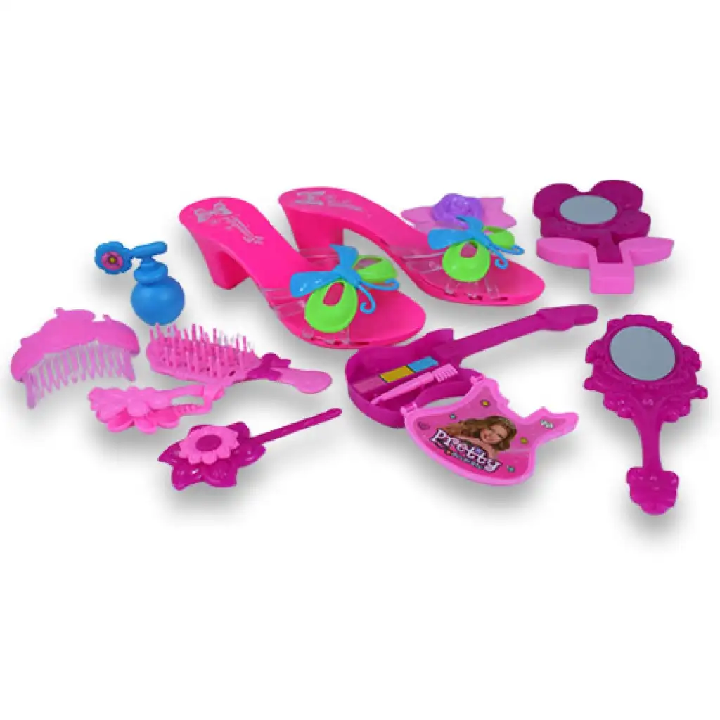 Szépségszett cipővel, sminkkel és fodrász kellékekkel táskában kép 2