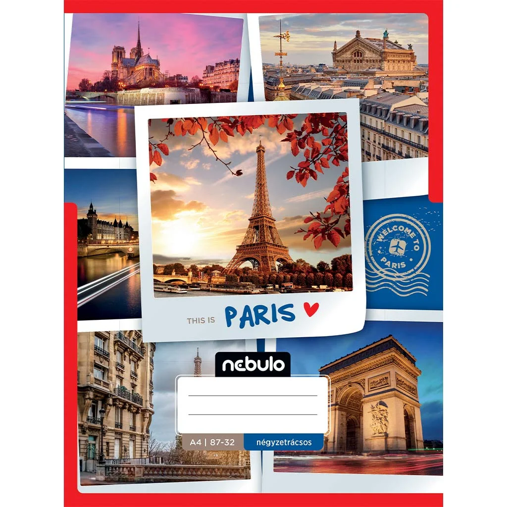 Nebulo: Tűzött kockás Párzis mintás füzet 87-32 A/4