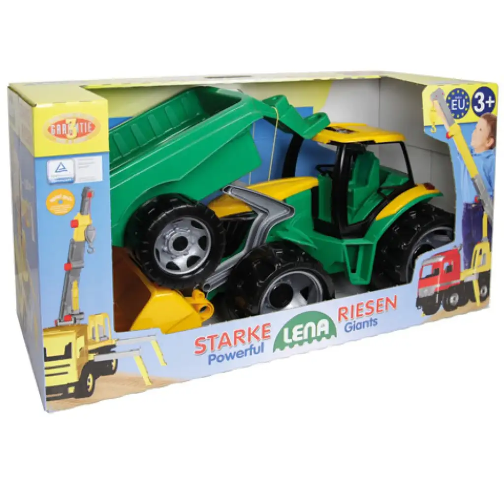 LENA: Óriás traktor homlokrakodóval és utánfutóval zöld/sárga 108cm kép 2