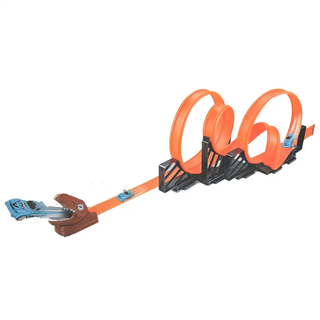 Track Car: Dinoszauruszos versenypálya szett 2db 360 fokos hurokkal és 2db hátrahúzható autóval 1/64 kép 2