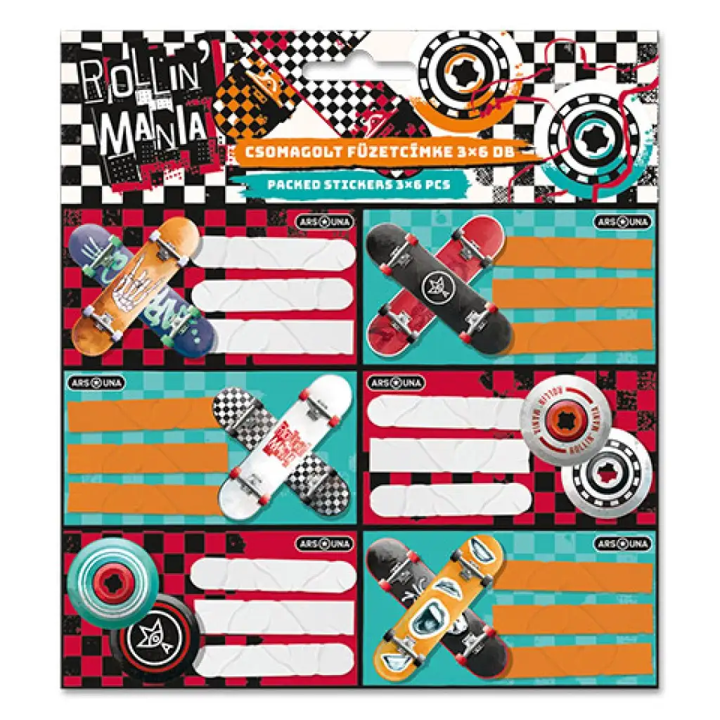 Ars Una: Rollin Mania görkorcsolya mintás csomagolt füzetcímke 3x6db-os