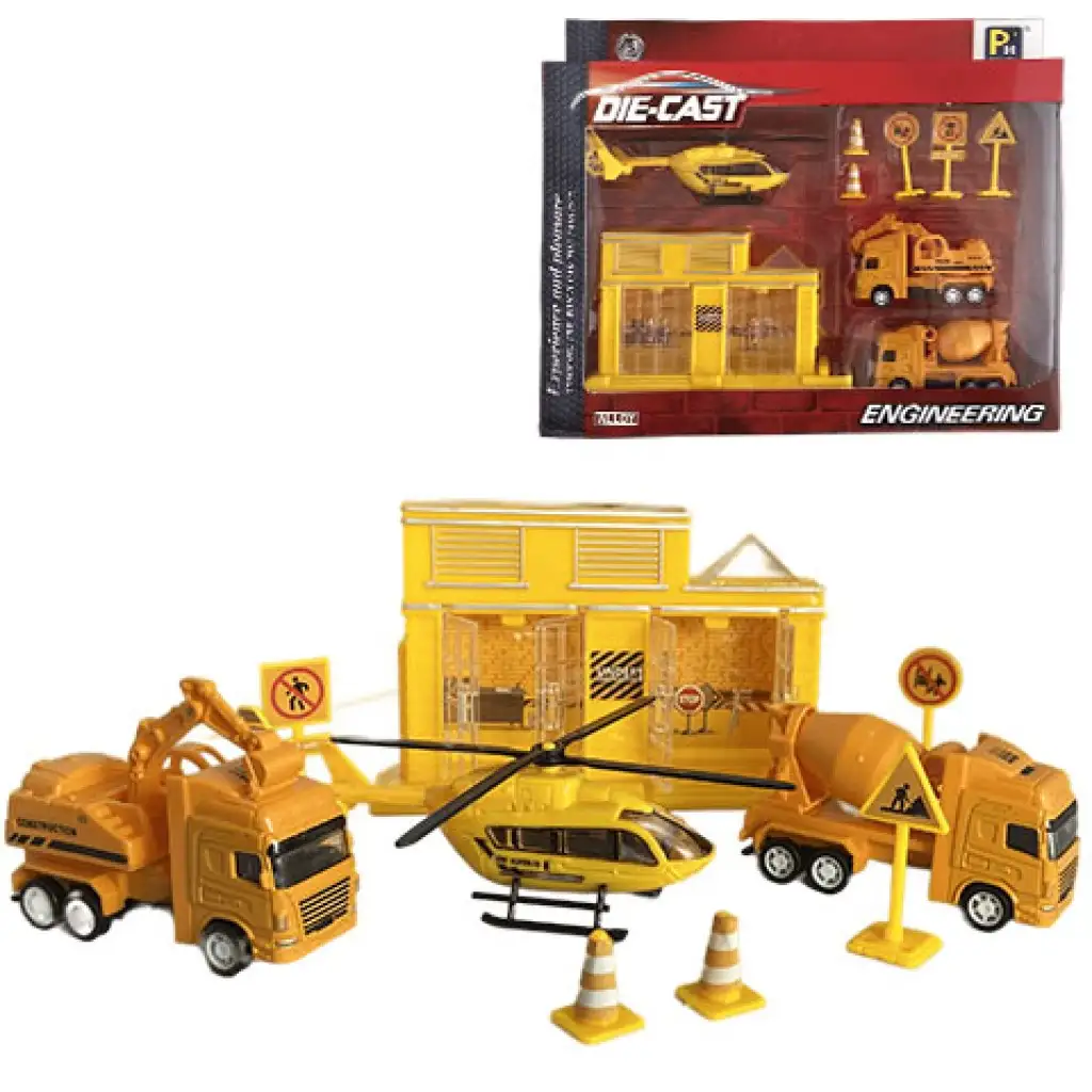 Nagy építkezés járművekkel épülettel és helikopterrel 9db-os játékszett
