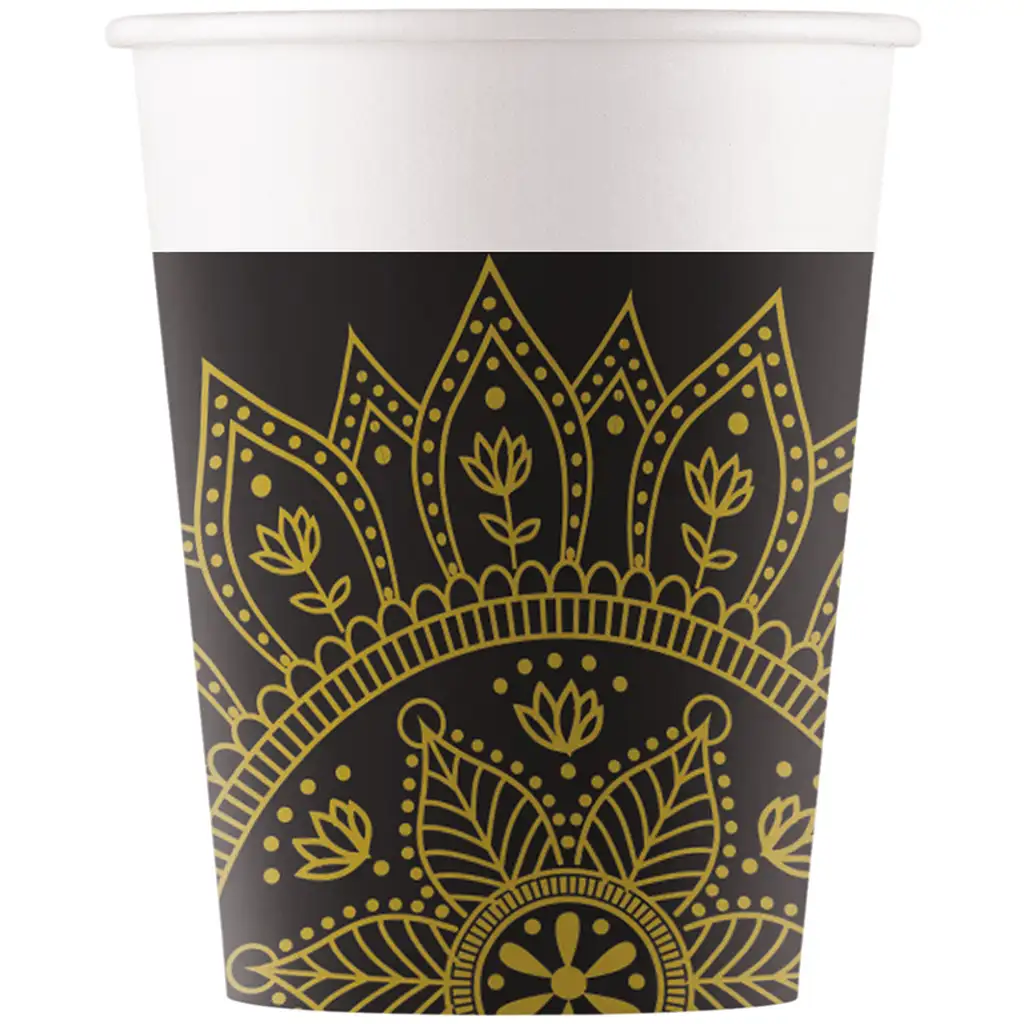 Mandala fekete-arany papírpohár 8db-os szett 200ml