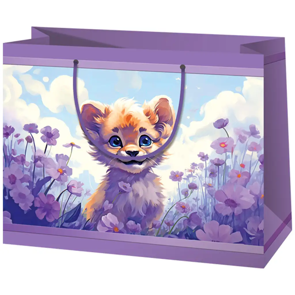 Oroszlánkölyök virágokkal lila színű közepes méretű exkluzív ajándéktáska 18x10x23cm