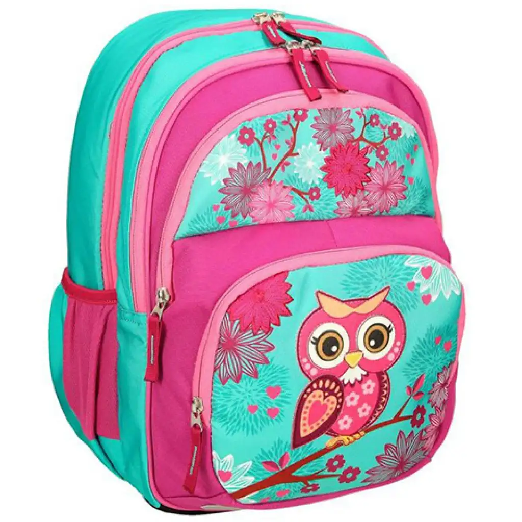 Spirit: Rózsaszín-türkiz színű bagolymintás lekerekített ergonómikus iskolatáska, hátizsák 40x20x18cm