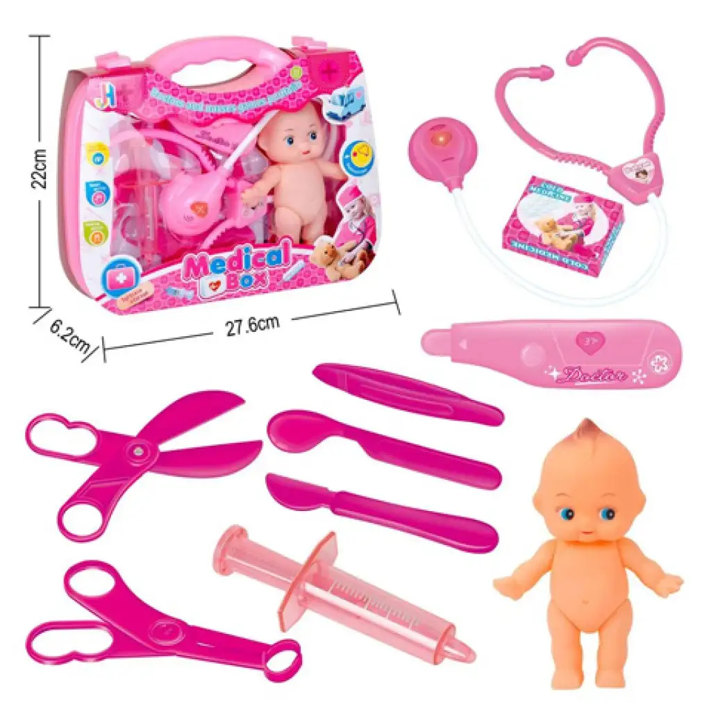 Pink orvosi szett babával és kiegészítőkkel bőröndben kép 2
