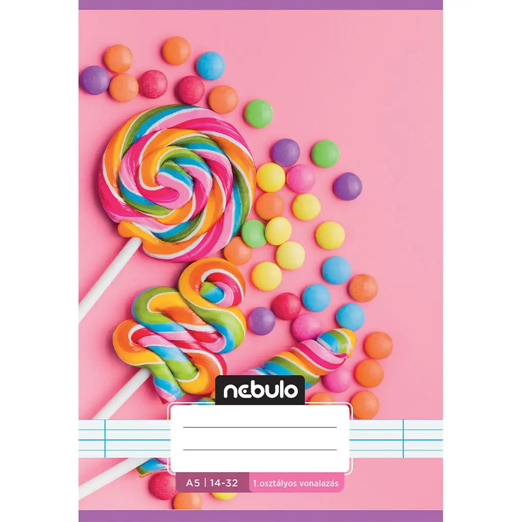 Nebulo: Tűzött 1. osztályos vonalas füzet A5-ös 14-32 Cuki mintás - Cukorkás