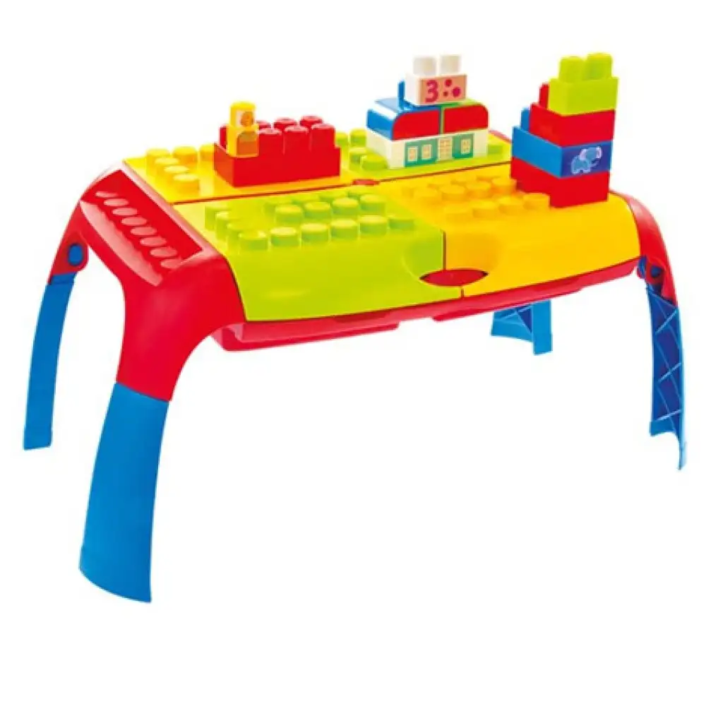 Színes építőkocka szett hordozható asztallal