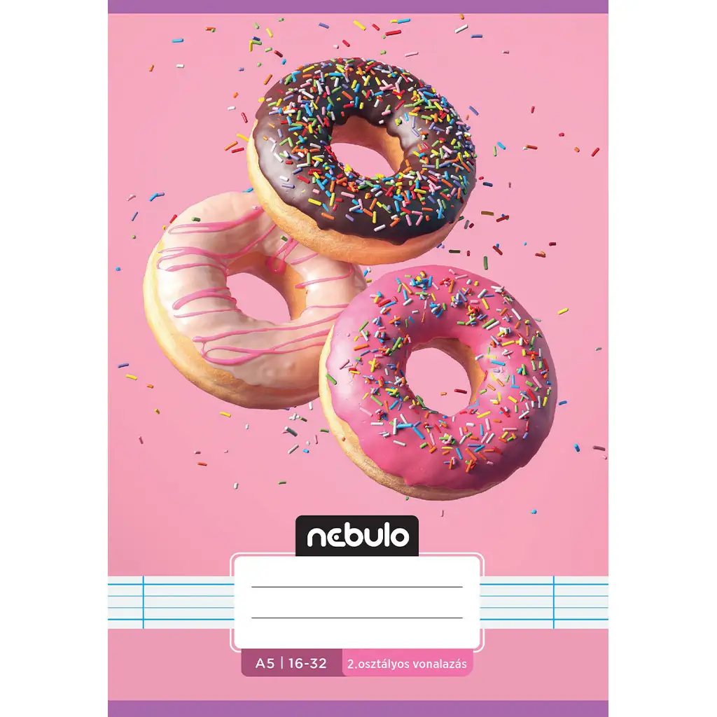 Nebulo: Tűzött 2. osztályos vonalas füzet A5-ös 16-32 Cuki mintás - Fánkos