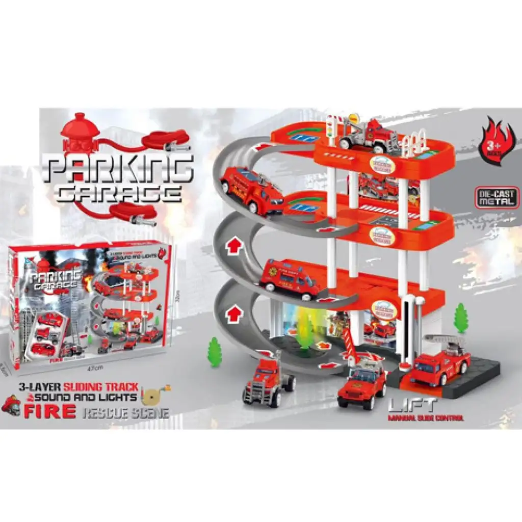 3-emeletes parkolóház tűzoltóautókkal, fénnyel és hanggal