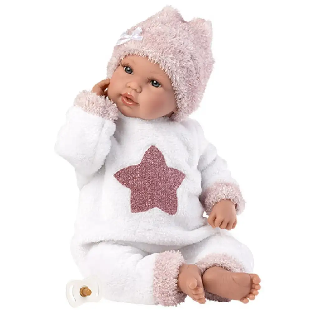 Llorens: Újszülött síró lány baba csillagmintás plüss pizsamában 36cm kép 2