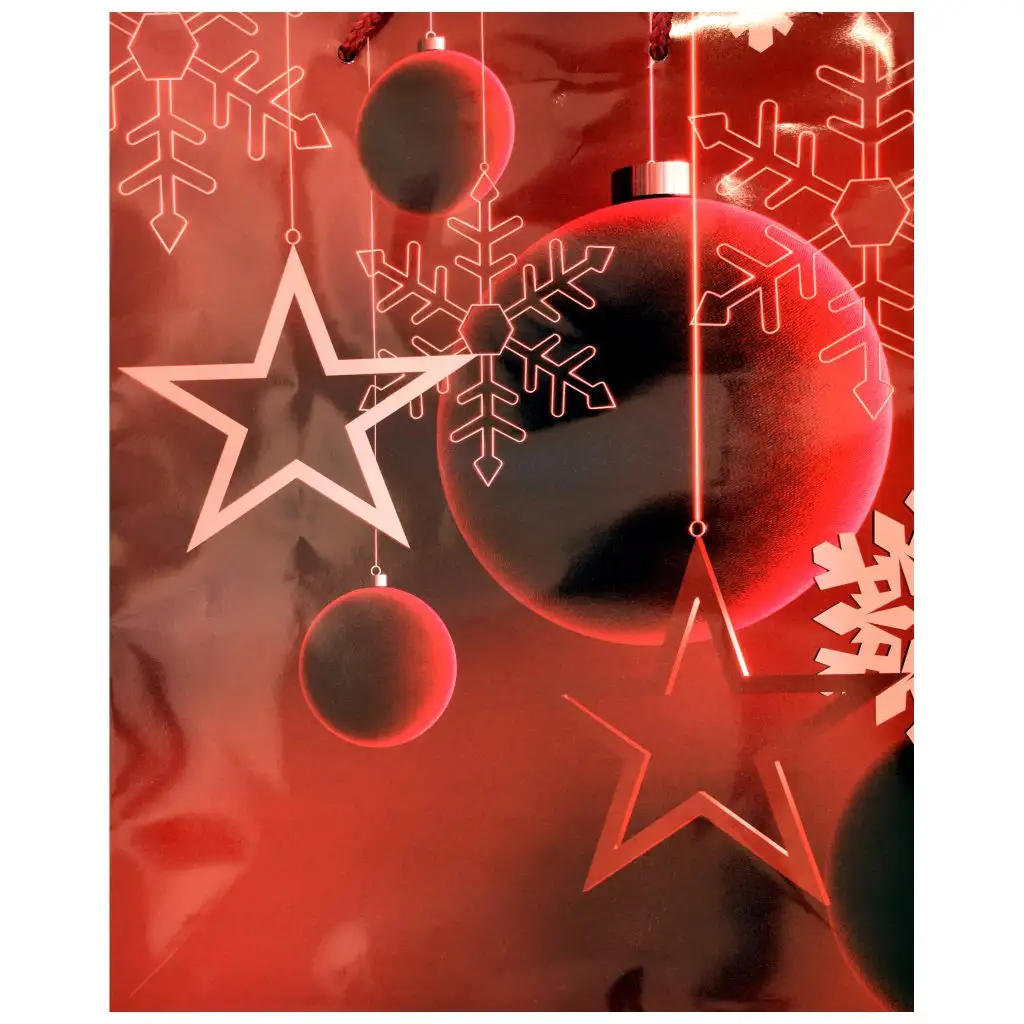 Ajándéktáska piros Karácsonyi díszek mintázattal 26x32x12,5cm