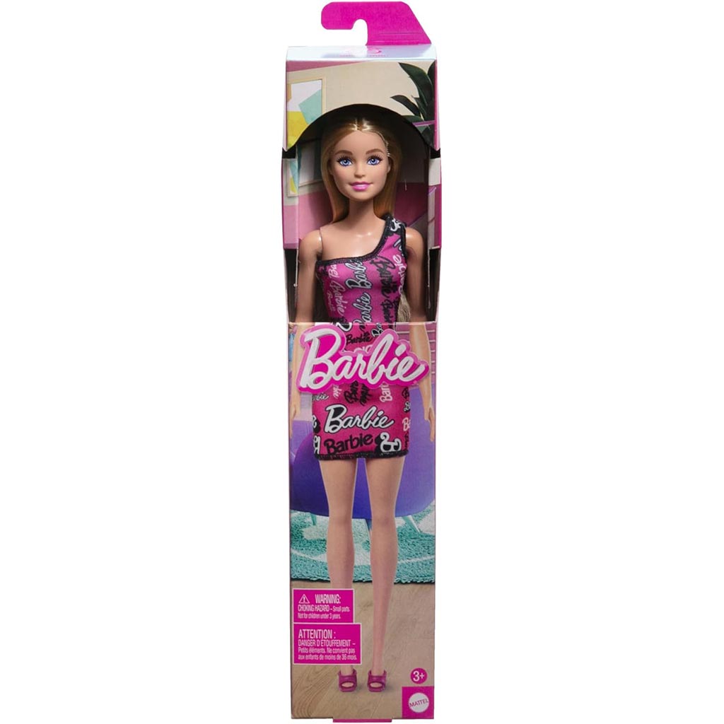 Barbie Chic szőke divatbaba rózsaszín, Barbie feliratú ruhában - Mattel