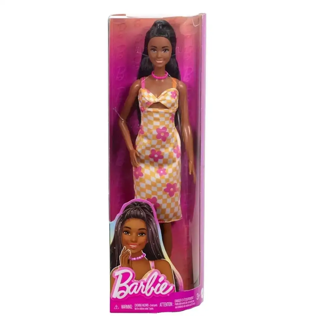 Barbie: Fashionista stílusos baba kockás, virágos mintás ruhácskában - Mattel