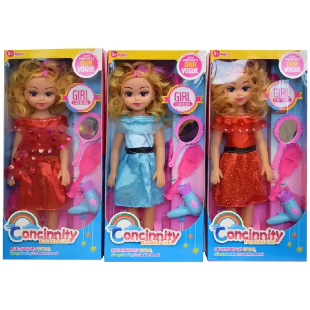 Divatbaba piros vagy kék színű ruhában fésűvel és hang effektekkel 46cm