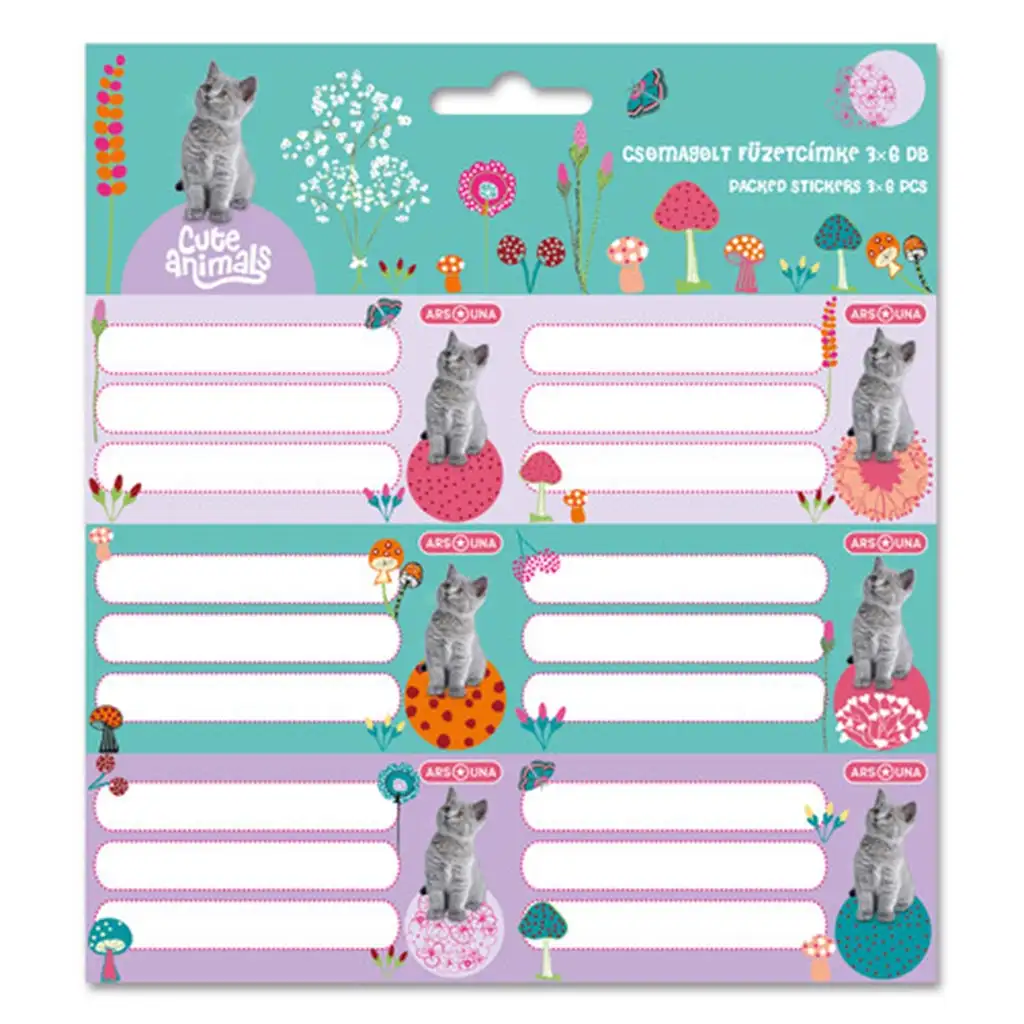 Ars Una: Cuki állatok - Cica mintás csomagolt füzetcímke 3x6db-os