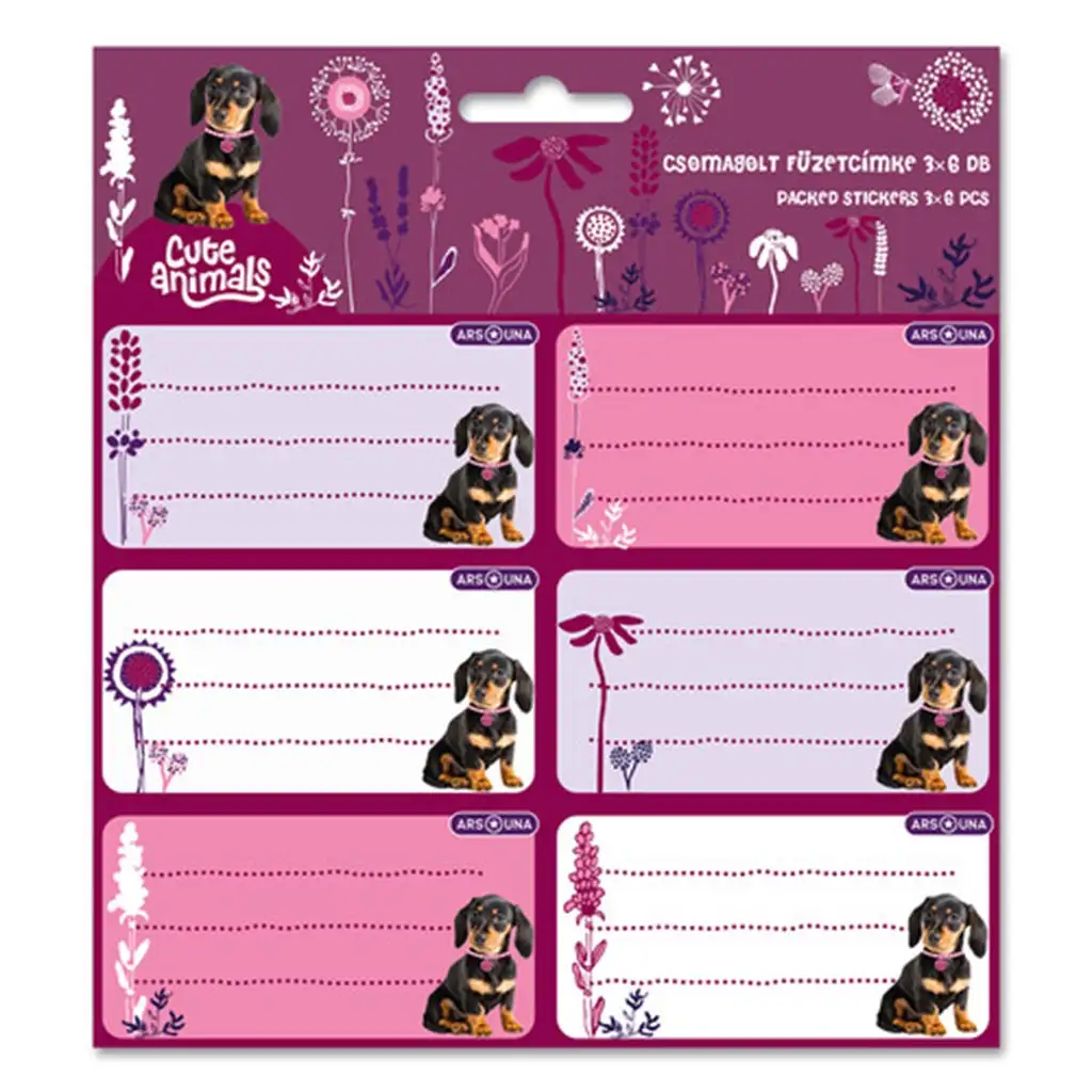 Ars Una: Cuki állatok - Kutyás csomagolt füzetcímke 3x6db-os