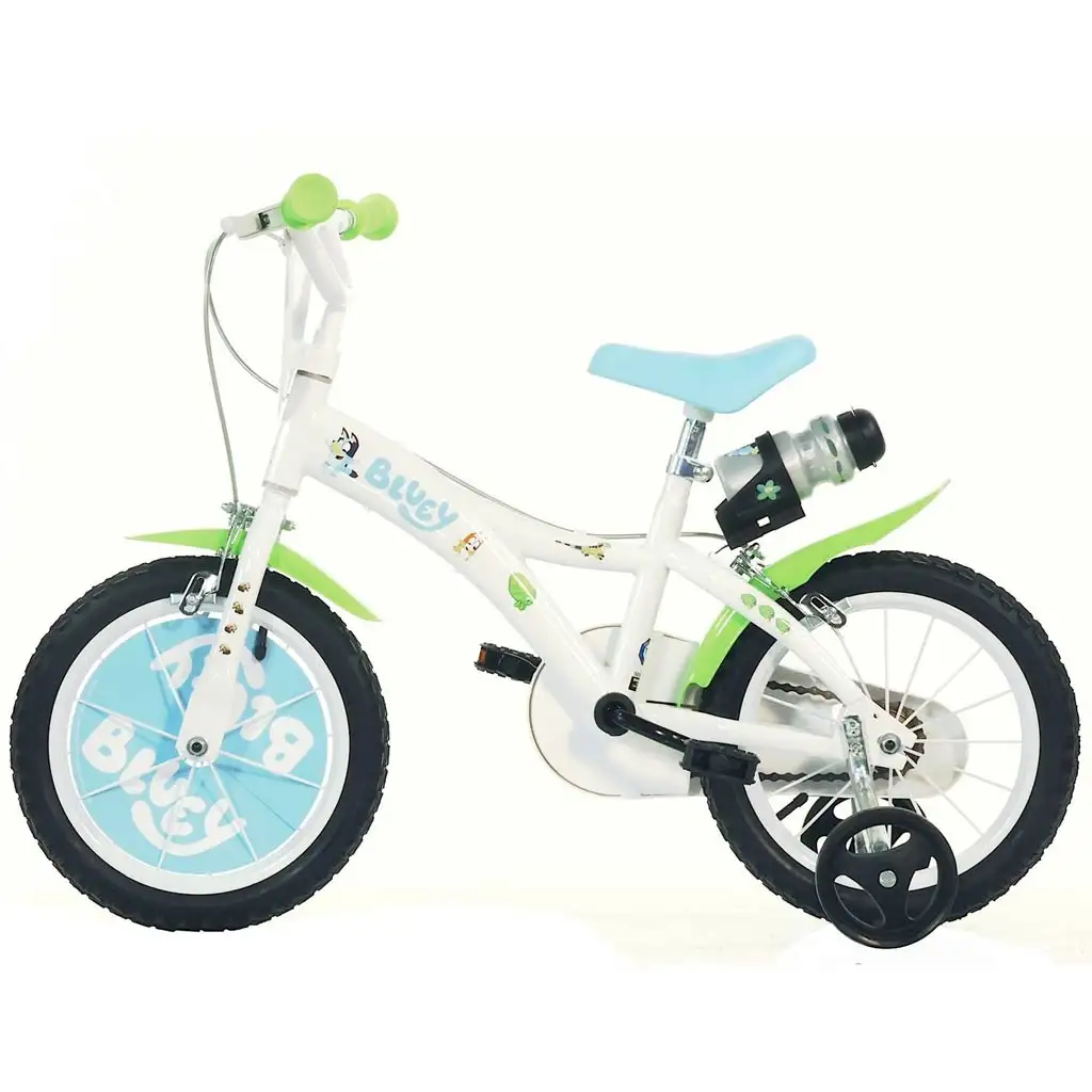 Bluey 14” gyerek bicikli kulacstartóval és oldalkerekekkel fehér-kék-zöld színben – Dino Bikes kerékpár kép 2