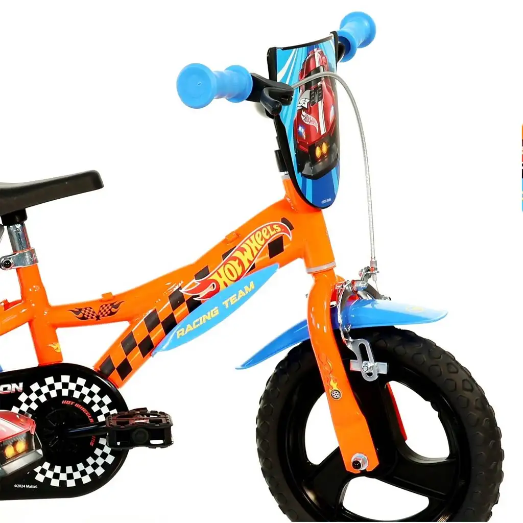 Hot Wheels 12” gyerek bicikli kulacstartóval és oldalkerekekkel narancssárga-fekete színben – Dino Bikes kerékpár kép 3