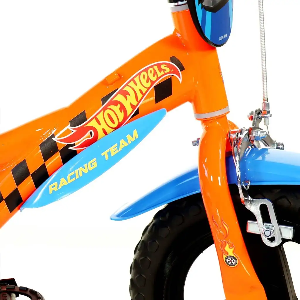Hot Wheels 12” gyerek bicikli kulacstartóval és oldalkerekekkel narancssárga-fekete színben – Dino Bikes kerékpár kép 4