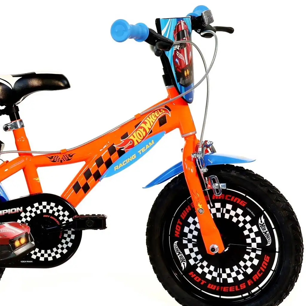 Hot Wheels 14” gyerek bicikli kulacstartóval és oldalkerekekkel narancssárga-fekete színben – Dino Bikes kerékpár kép 3