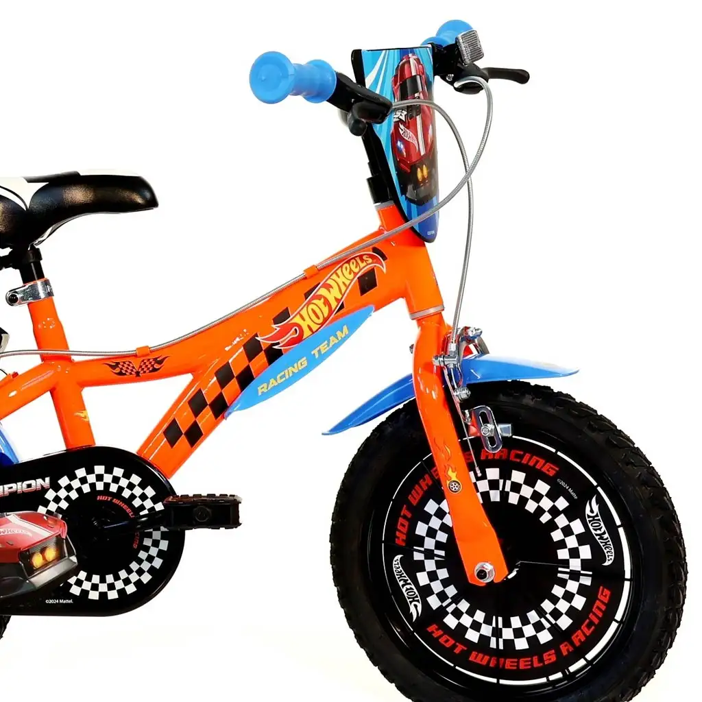 Hot Wheels 16” gyerek bicikli kulacstartóval és oldalkerekekkel narancssárga-fekete színben – Dino Bikes kerékpár kép 3