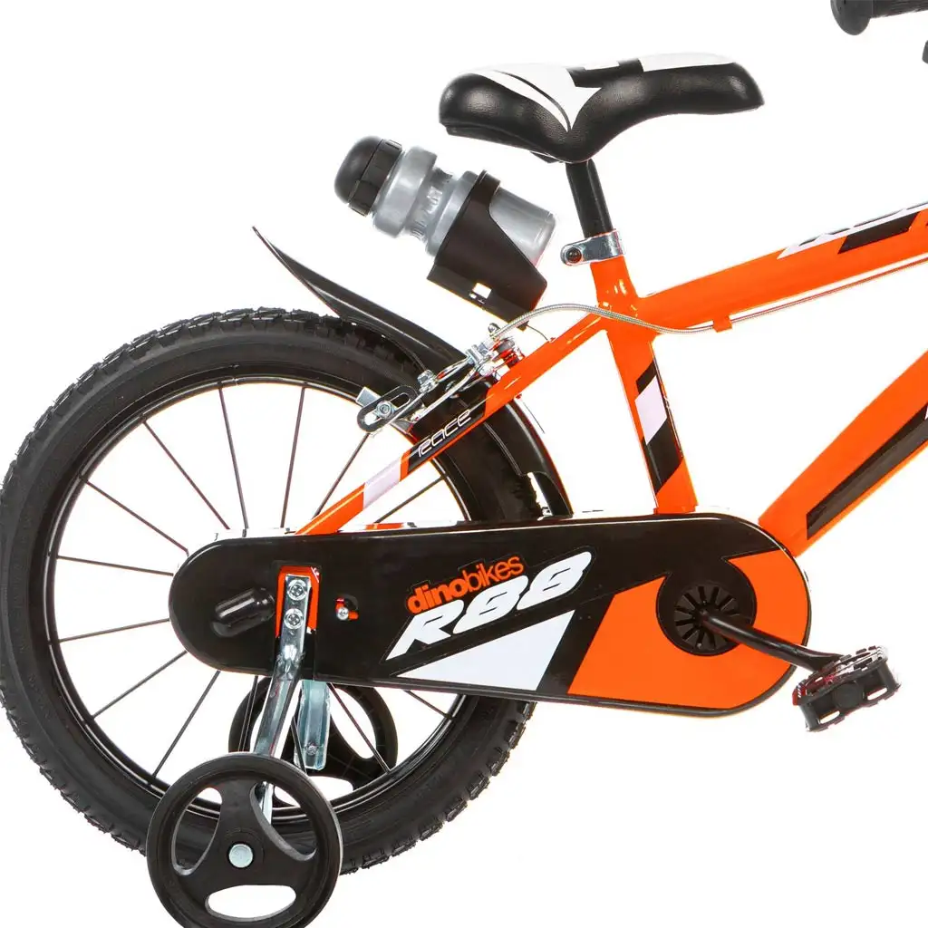 R88 14” gyerek bicikli kulacstartóval és oldalkerekekkel narancssárga-fekete színben – Dino Bikes kerékpár kép 2