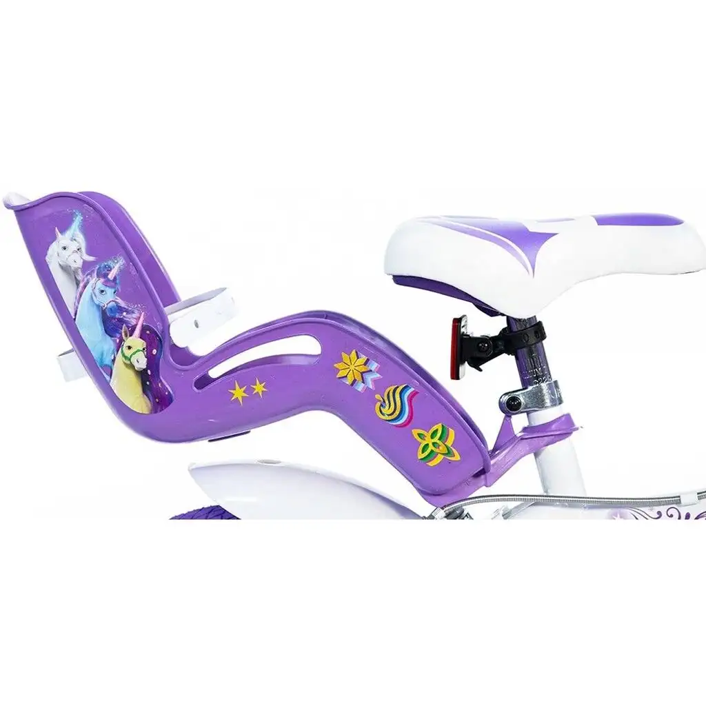 Unicorn Academy 16” gyerek bicikli kosárral és babaüléssel lila-fehér színben – Dino Bikes kerékpár kép 5
