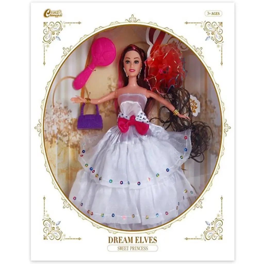 Divatbaba póthajjal és kiegészítőkkel fehér ruhában 30cm