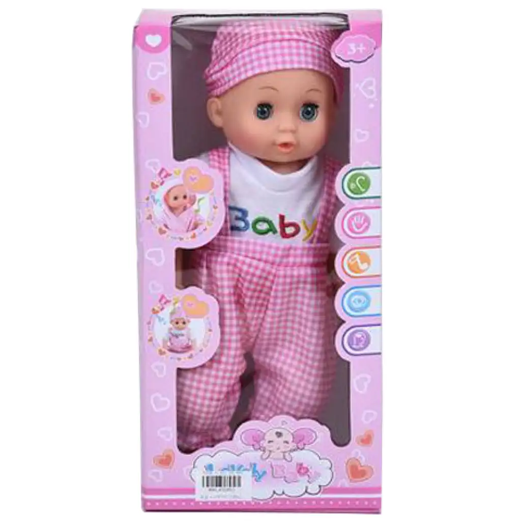 Dorka baba kockás kantáros ruhában 25cm hang effektekkel