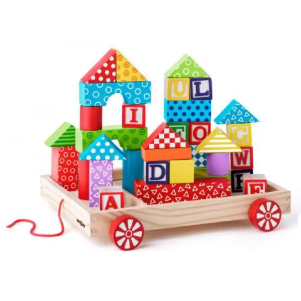Fa ABC húzós kocsi építőkockákkal és betűkockákkal