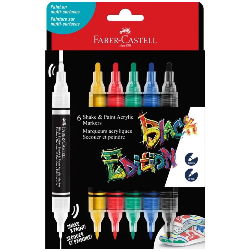 Faber-Castell: Black Edition Shake & Paint 2 végű 3mm-es és 1mm-es 6db-os színes marker szett