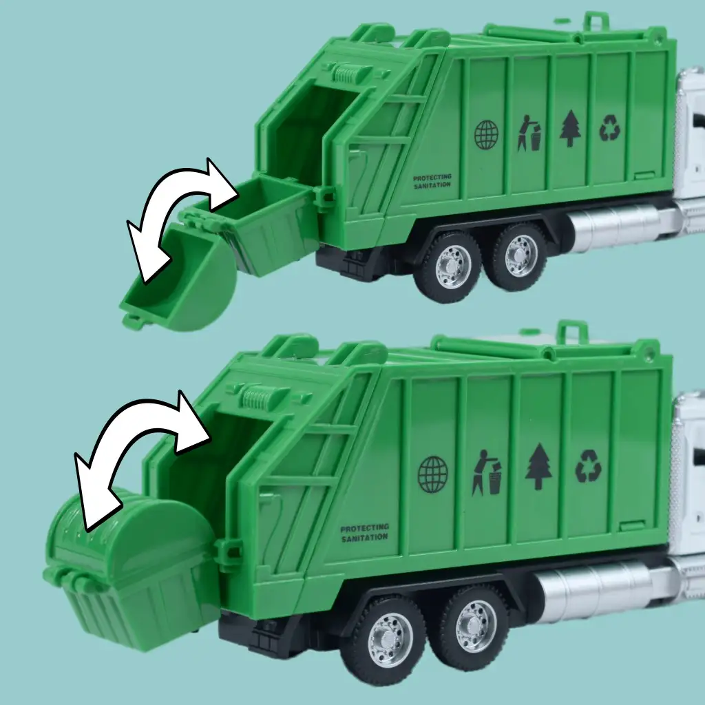 Heavy Duty Truck: Hátrahúzós fém szelektív hulladékgyűjtő teherautó modell nyitható ajtókkal és kukával 1/36 kép 6