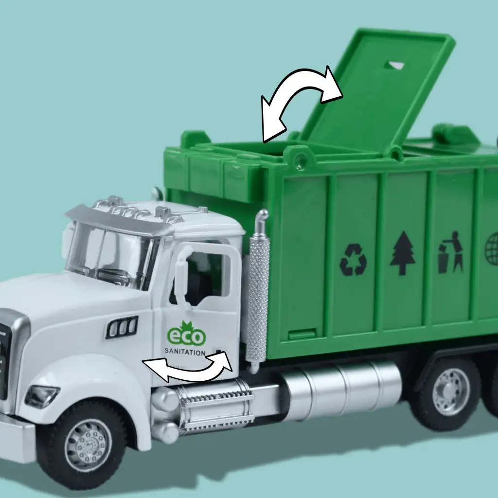 Heavy Duty Truck: Hátrahúzós fém szelektív hulladékgyűjtő teherautó modell nyitható ajtókkal és kukával 1/36 kép 7