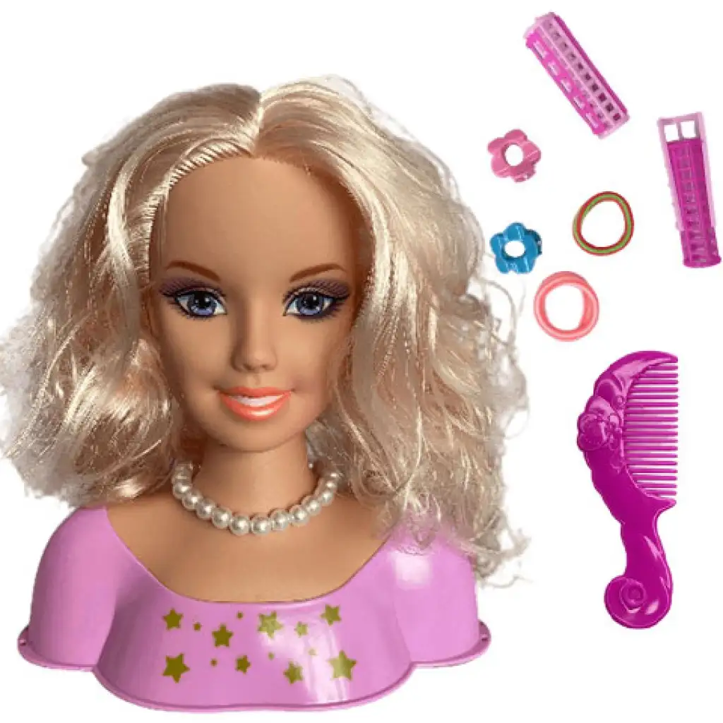 Fésülhető szőke hosszúhajú babafej gyöngy nyaklánccal és kiegészítőkkel kép 2