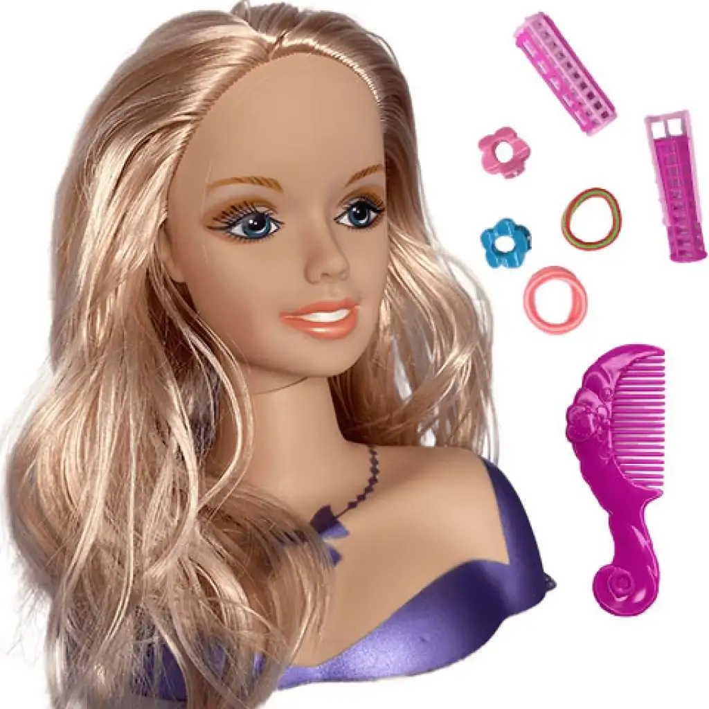 Fésülhető szőke hajú babafej hajcsavarokkal és kiegészítőkkel kép 2