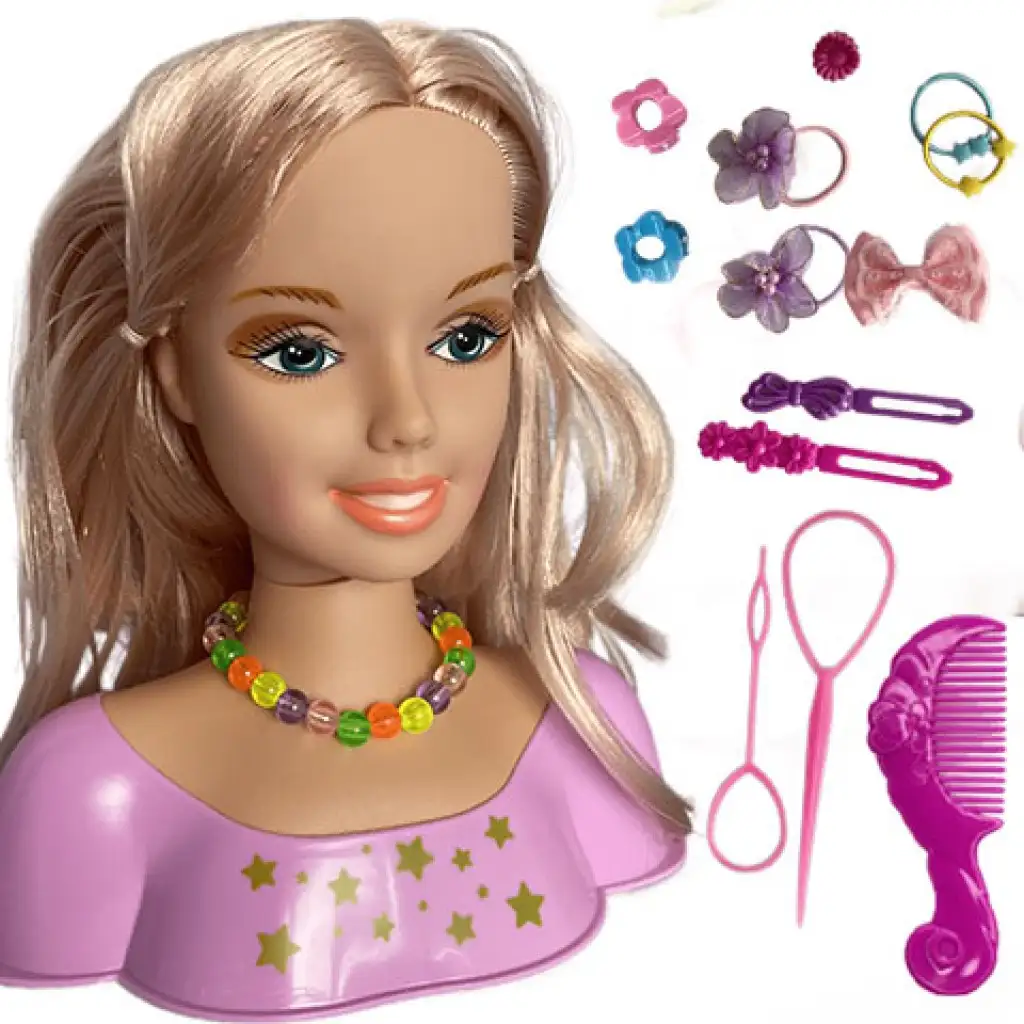 Fésülhető babafej szőke hajjal, masnikkal és kiegészítőkkel kép 2