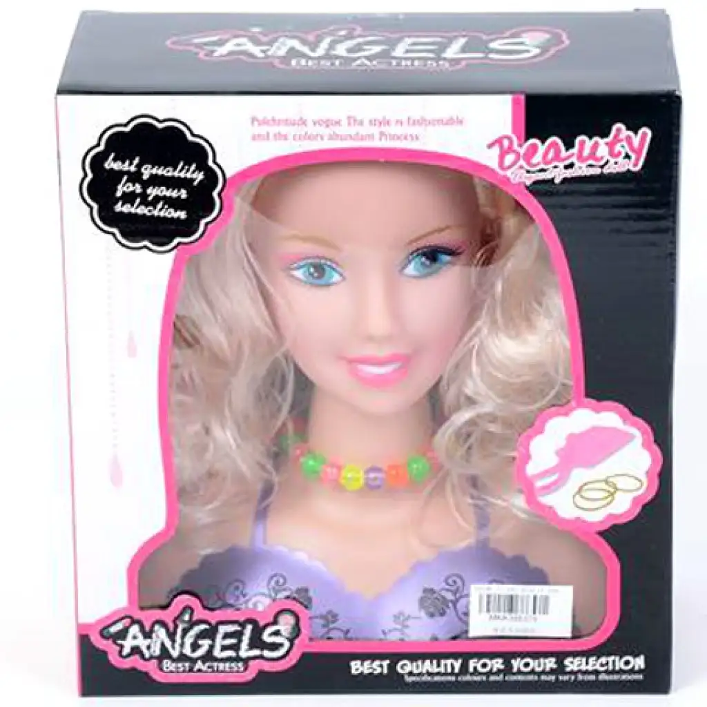 Fodrászbaba szőke hajjal és színes nyaklánccal