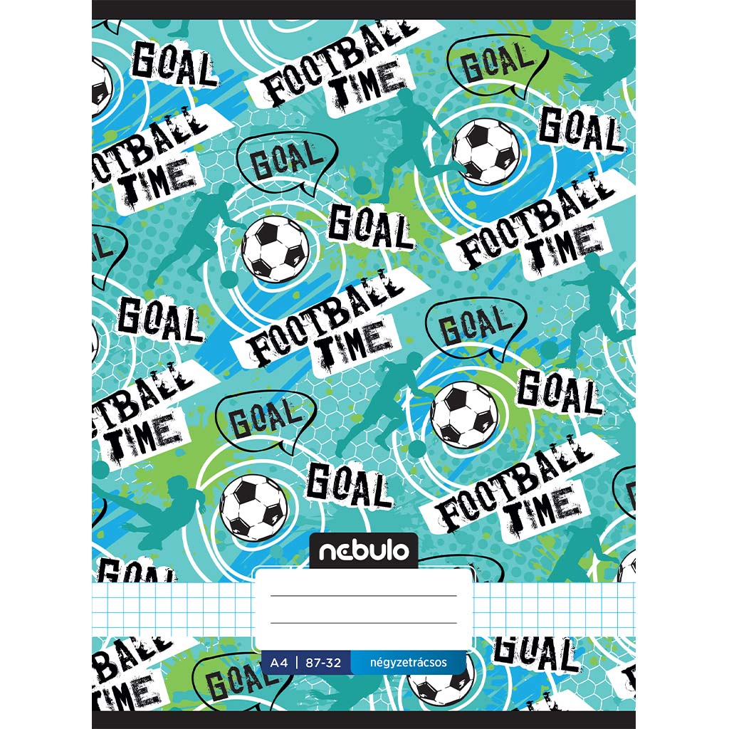 Nebulo: Tűzött kockás Football time feliratos füzet 87-32 A/4
