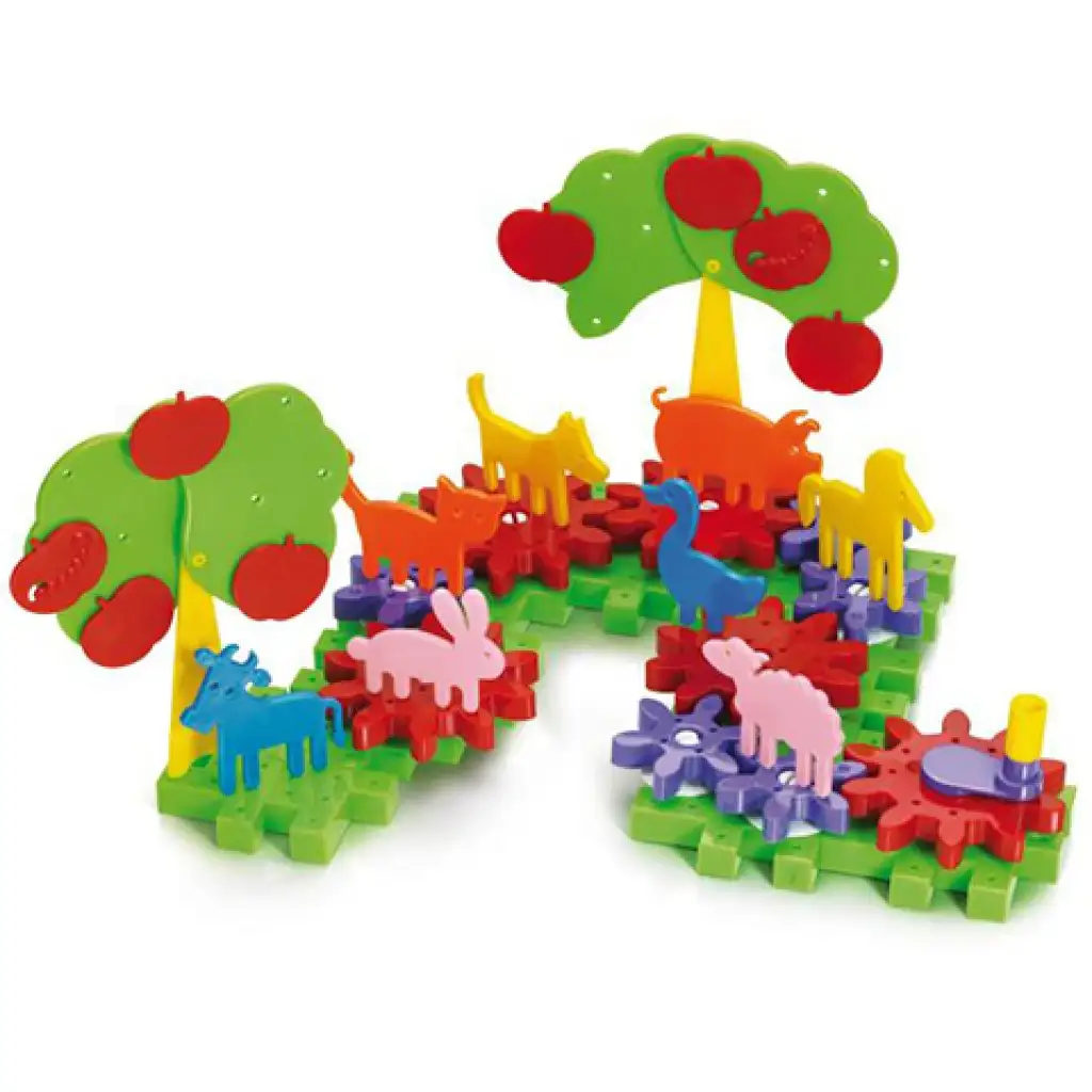 Quercetti: Georello Farm + Dzsungel fogaskerekes építőjáték 110db-os szett kép 2