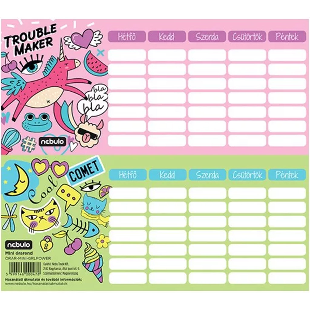 Nebulo: Girl Power egylapos, kétoldalas mini órarend